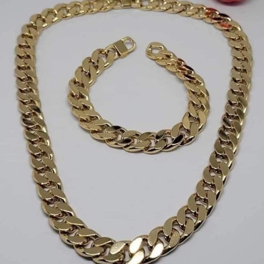 Gold Cuban Chain Necklace and Bracelet Set
